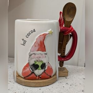 2025 Release Rae Dunn  "hot cocoa" Santa Claus Mug With Wooden Spoon & Coaster